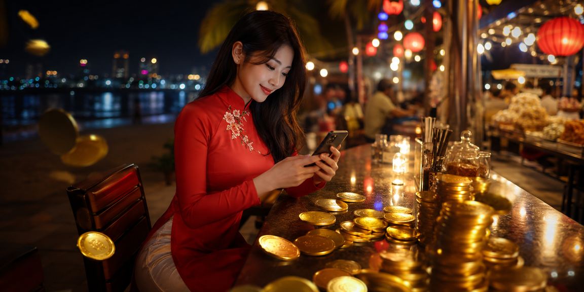 Cô gái Việt Nam mặc áo dài truyền thống đang dò kết quả xổ số tại Mũi Né